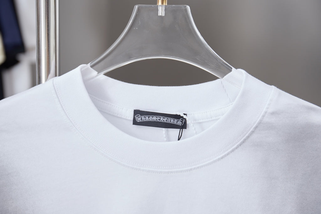 Chrome short T-shirt collar closeup with ribbed neckline and inside tag