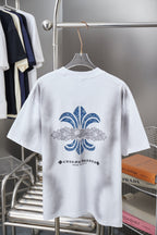 Chrome short T-shirt, white with large blue back fleur-de-lis graphic