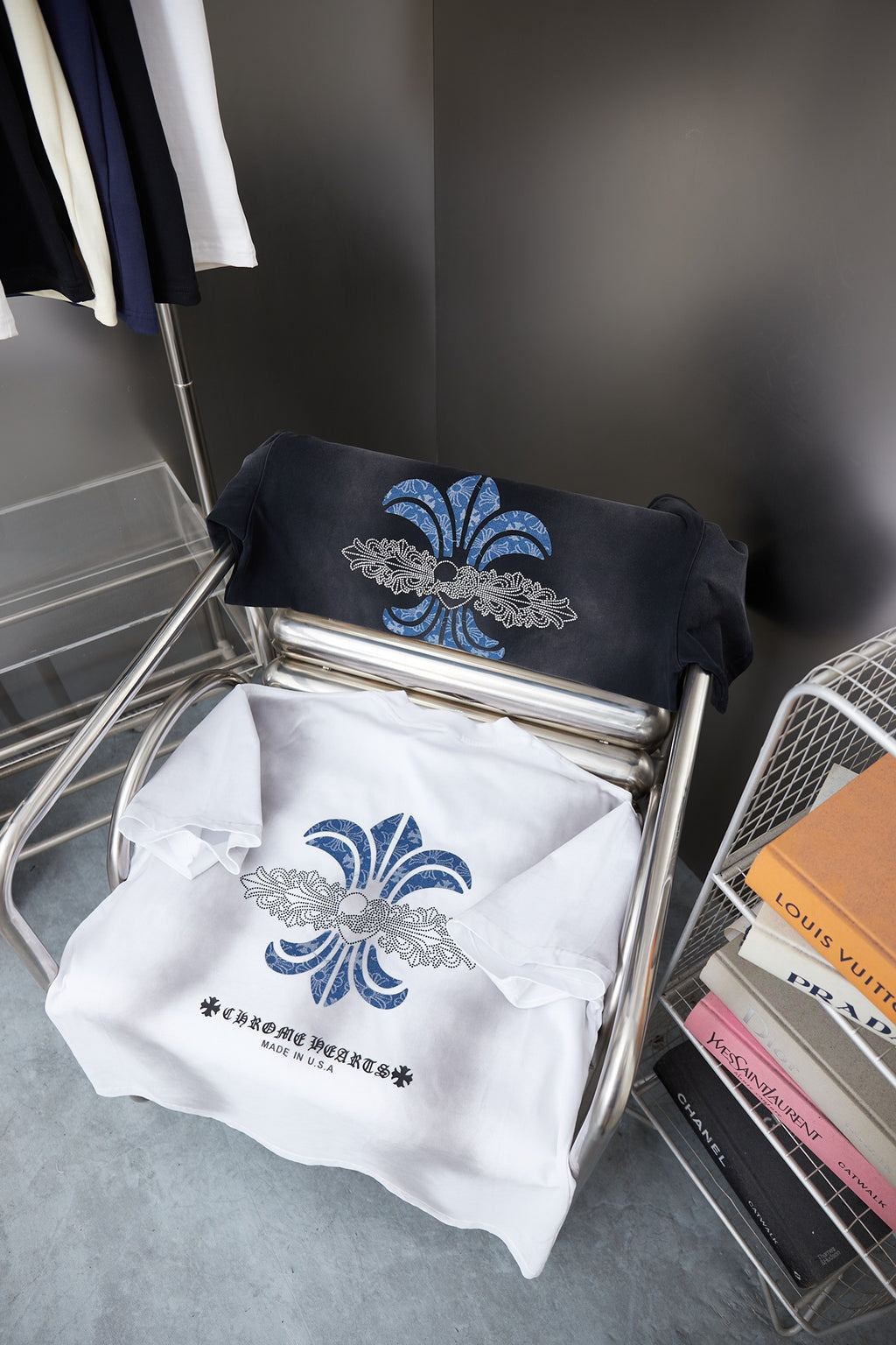 Chrome short T-shirt set: white and dark tees with blue crest logos