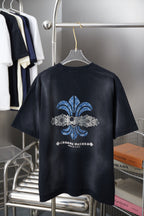 Black short-sleeve crewneck T-shirt with large back fleur-de-lis graphic in blue and white