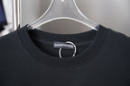 Black crew-neck T-shirt neckline with ribbed collar and brand neck tag