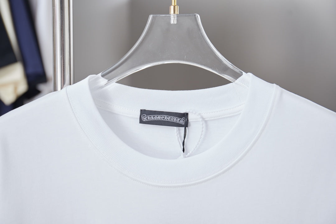 White short-sleeve T-shirt neckline with inner brand label at center