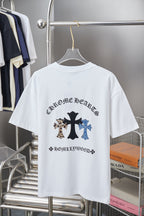 White short-sleeve T-shirt with large black and blue graphic print on back