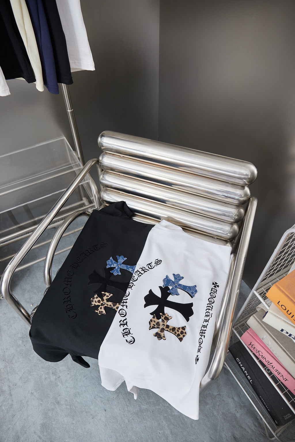 White and black short-sleeve T-shirts with cross-style graphic prints