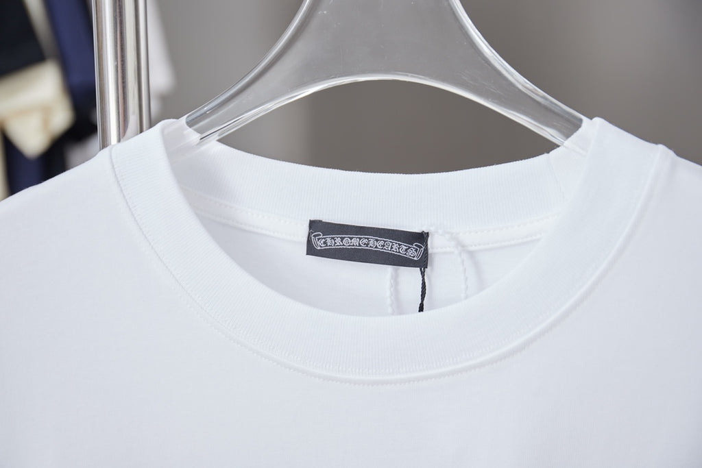 White crewneck short-sleeve T-shirt with dark interior neck label at collar