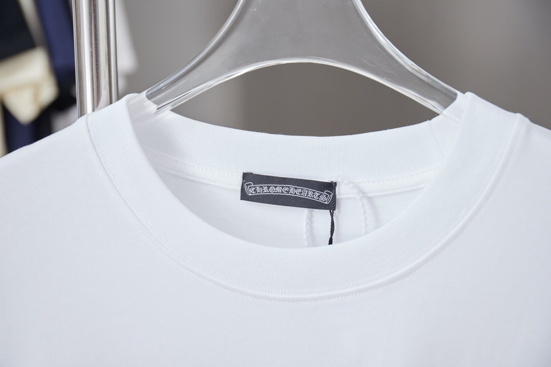 White crewneck short-sleeve T-shirt with dark interior neck label at collar