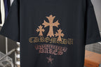 Graphic T-shirt back print with gold emblem, ornate lettering, and star