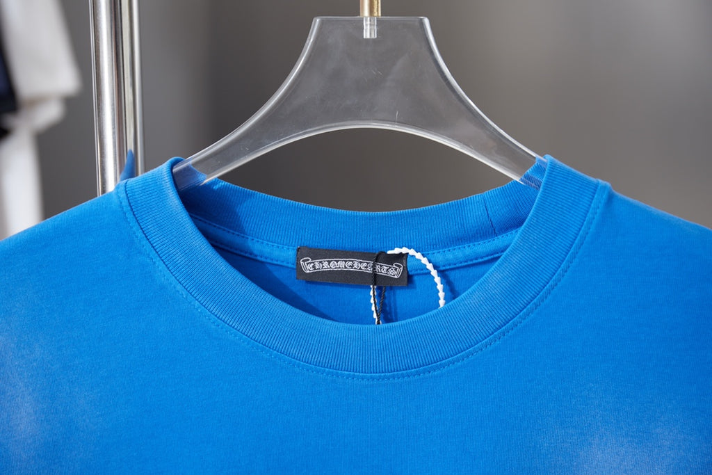 Blue short-sleeve T-shirt with crew neck rib and small brand tag