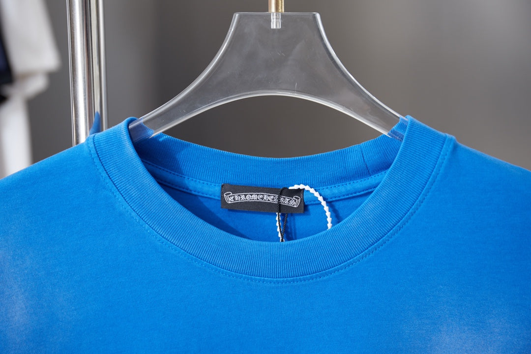 Blue short-sleeve T-shirt with crew neck rib and small brand tag