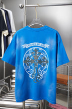 Blue short-sleeve T-shirt with large oval crest graphic centered on the back
