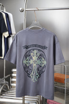 Crewneck short-sleeve T-shirt in dusty blue with large rhinestone back graphic