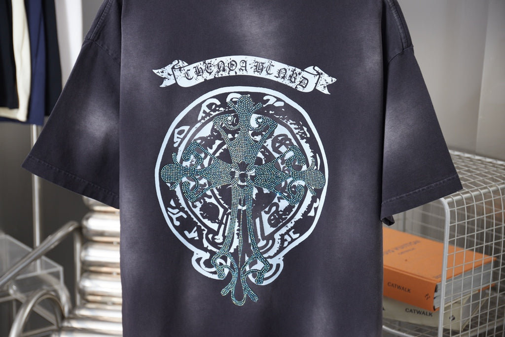 Dark navy short-sleeve T-shirt front with large circular emblem print