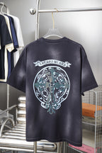 Dark navy short-sleeve T-shirt back with large circular emblem graphic in white