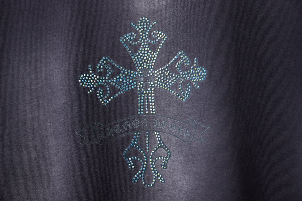 Rhinestone cross graphic on dark navy short-sleeve T-shirt