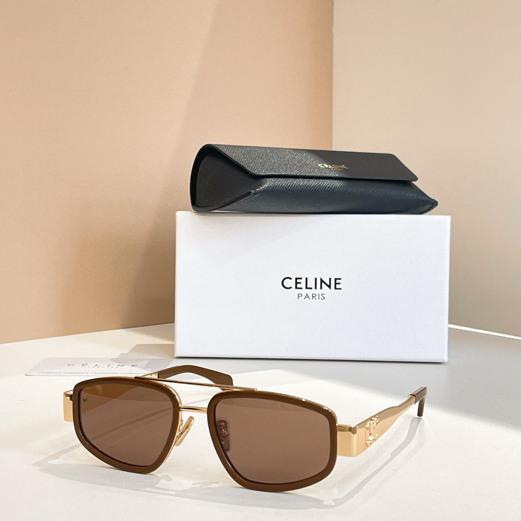 Celine sunglasses with tan frames and brown lenses, metal temples visible
