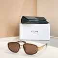 Celine sunglasses with tan frames and brown lenses, metal temples visible