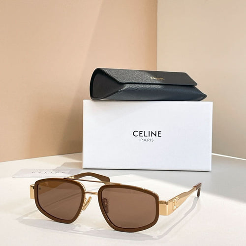 Celine sunglasses with tan frames and brown lenses, metal temples visible