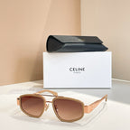 Celine sunglasses with tan frames and brown lenses, metal temple arms