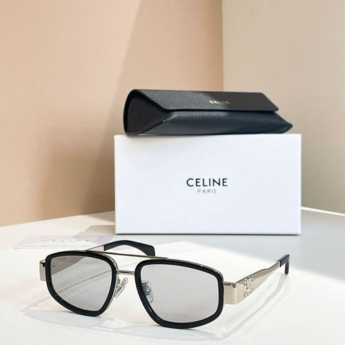 Celine sunglasses with black frames and gray lenses, metal temple arms