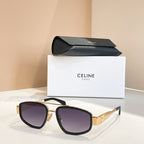 Celine sunglasses with black frames and purple tinted lenses, gold-tone accents