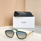 Celine sunglasses with green frames and tinted lenses, gold-tone bridge