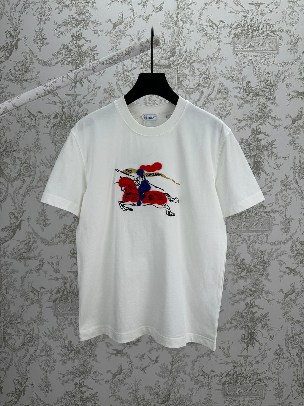 Burberry short-sleeve T-shirt in white with colorful horse rider graphic on front