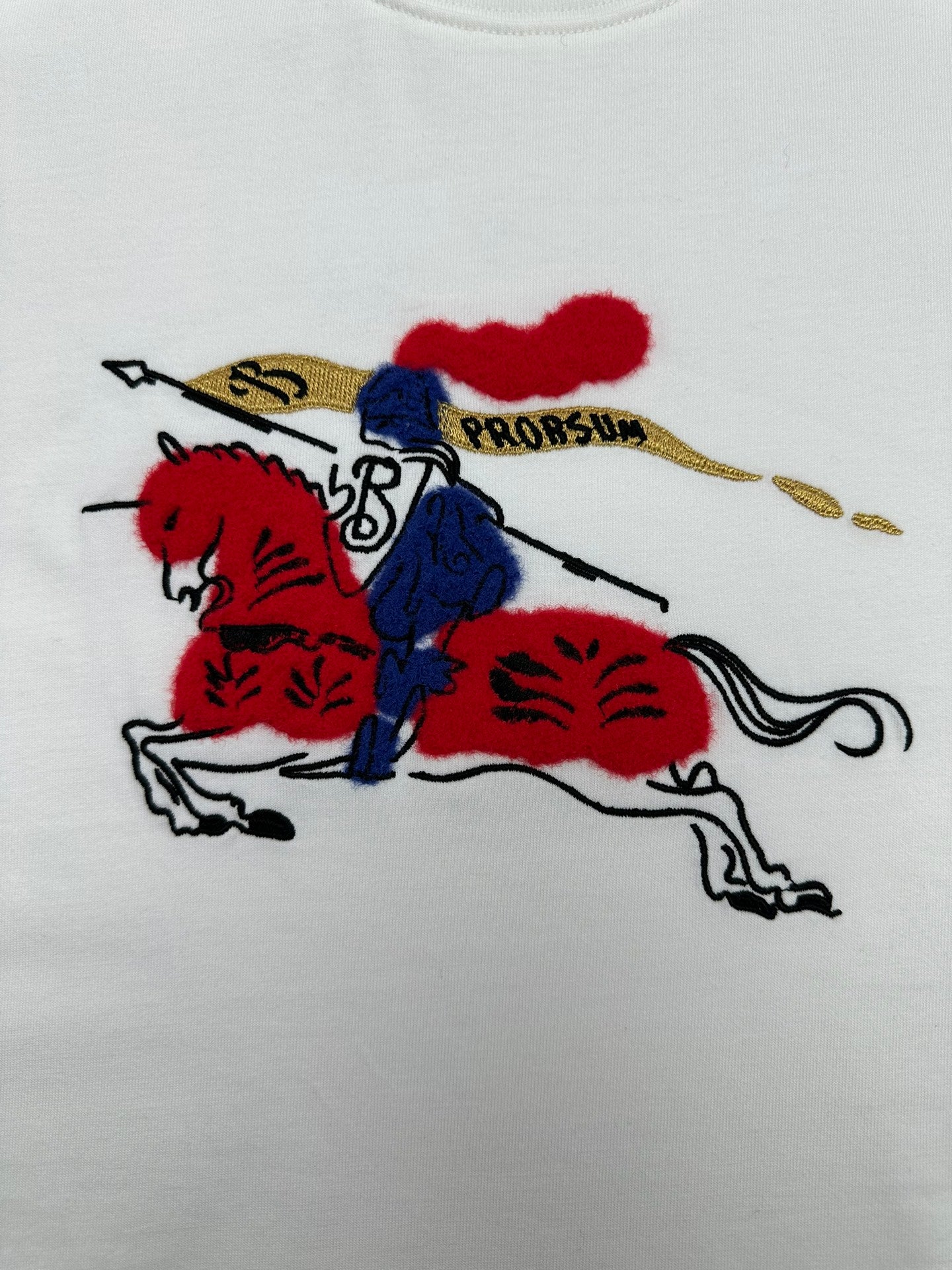 Burberry graphic T-shirt front detail with blue rider and red lion figures