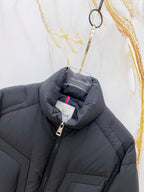 Moncler long puffer jacket interior view with zip and hood drawcord