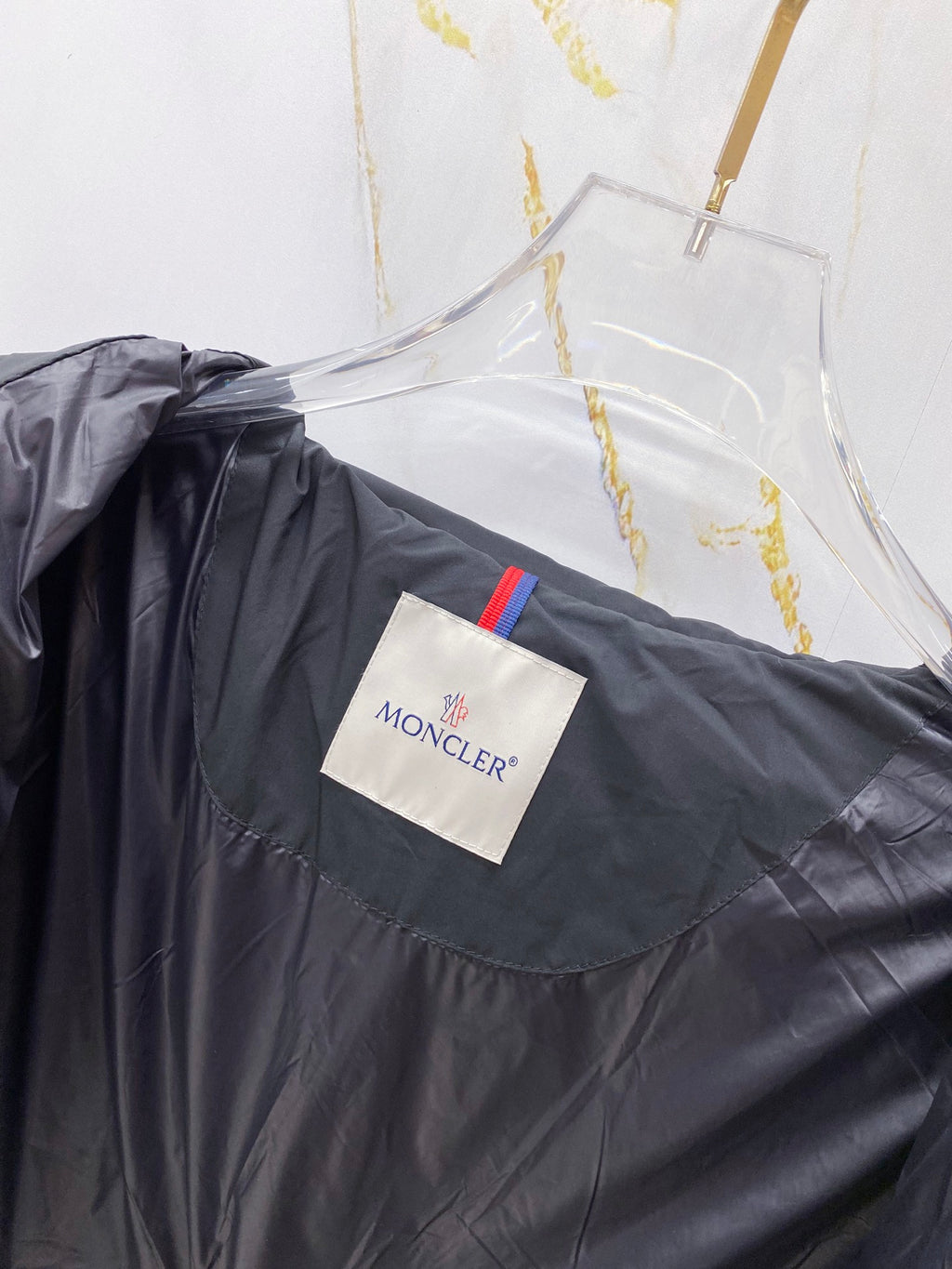 Long Moncler jacket with logo patch, dark