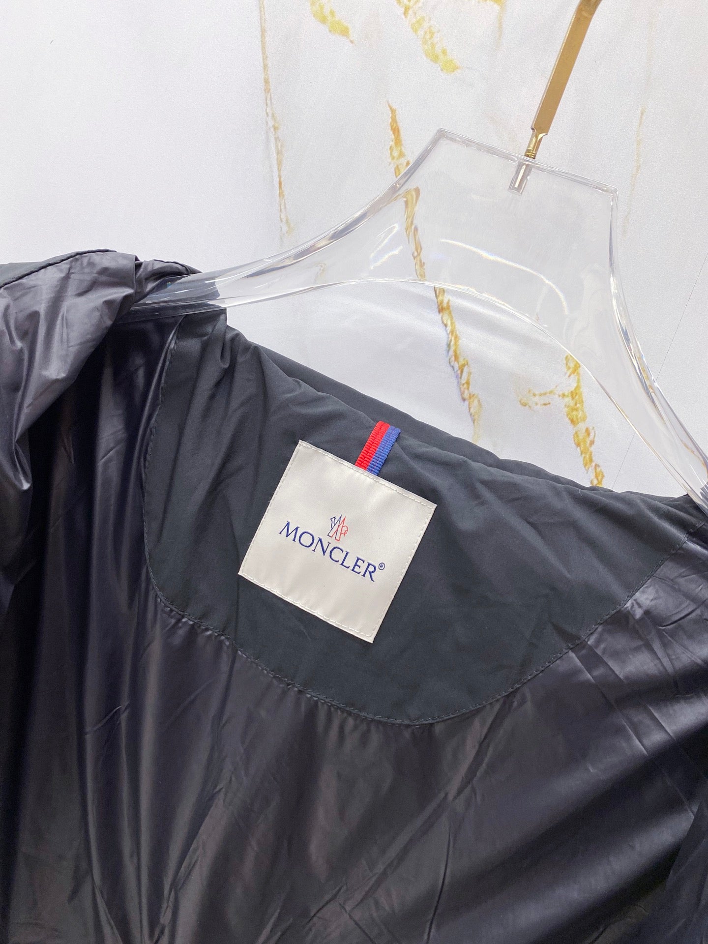 Long Moncler jacket with logo patch, dark