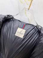 Puffer jacket front panel with chest logo tag and side press-stud