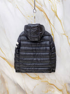 Long hooded puffer jacket in dark gray with horizontal quilted panels