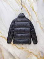 Moncler long puffer jacket back view, dark navy, quilted puffer design