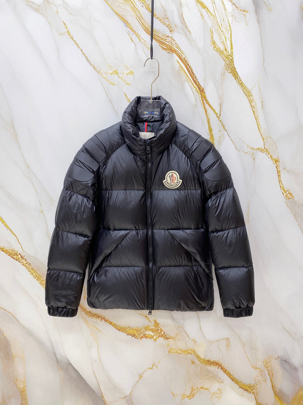 Moncler long puffer jacket, dark navy, full-zip with logo patch