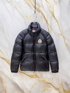 Moncler long puffer jacket, dark navy, full-zip with logo patch