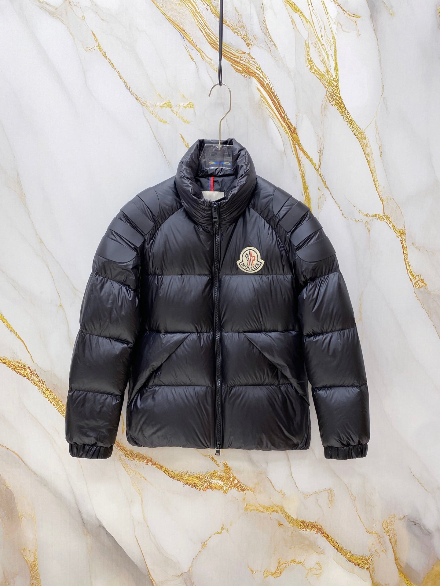 Moncler long puffer jacket, dark navy, full-zip with logo patch