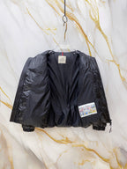 Moncler long puffer jacket inside view, dark navy with label and quilted lining