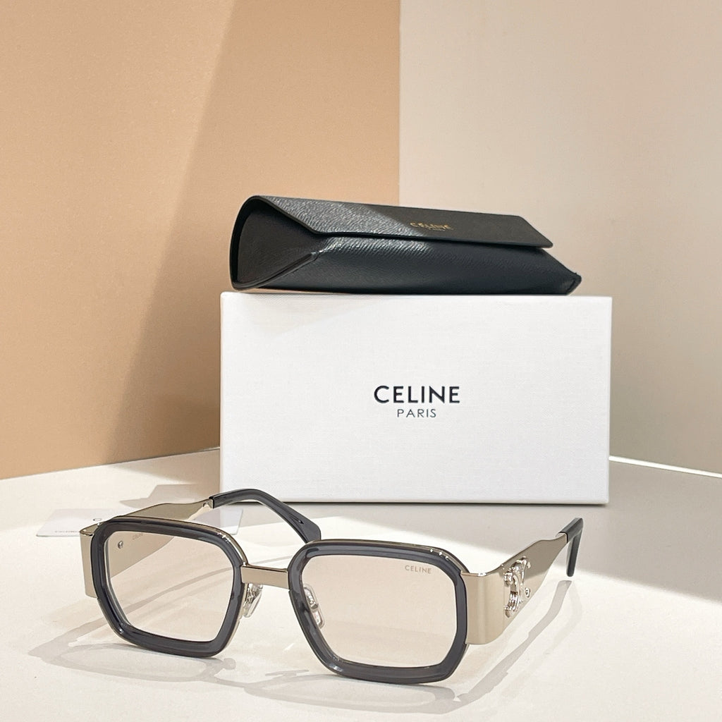 Celine square sunglasses with light gray frames and clear tinted lenses.