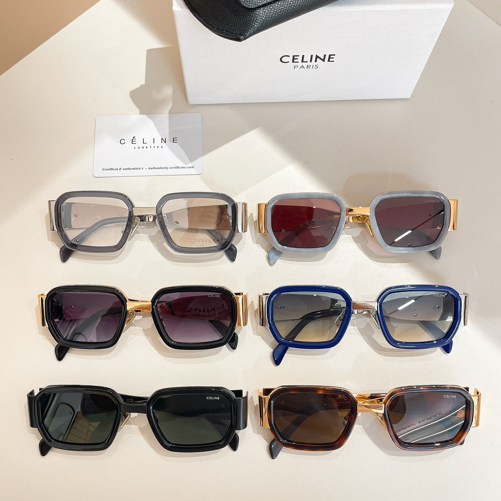 Celine sunglasses collection with mixed square frames in black, blue, and tortoiseshell.