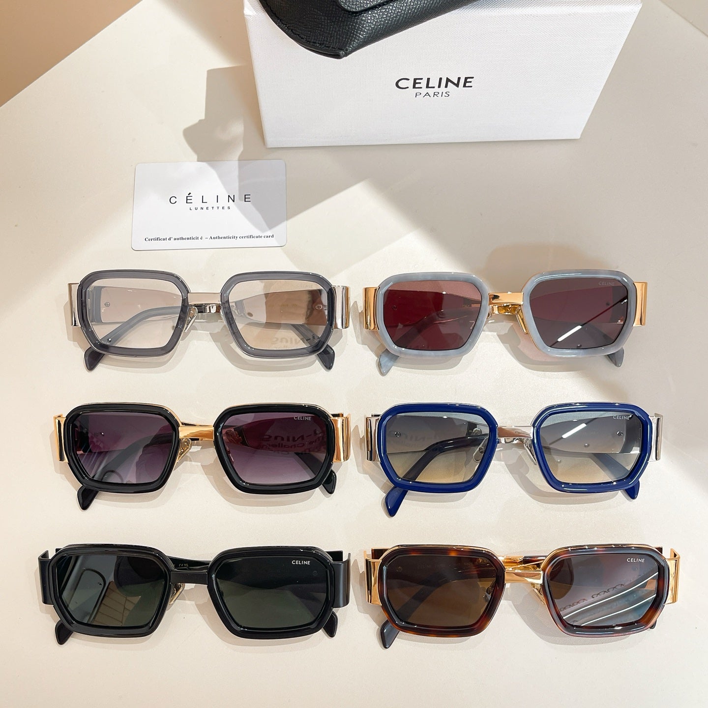Celine sunglasses collection with mixed square frames in black, blue, and tortoiseshell.