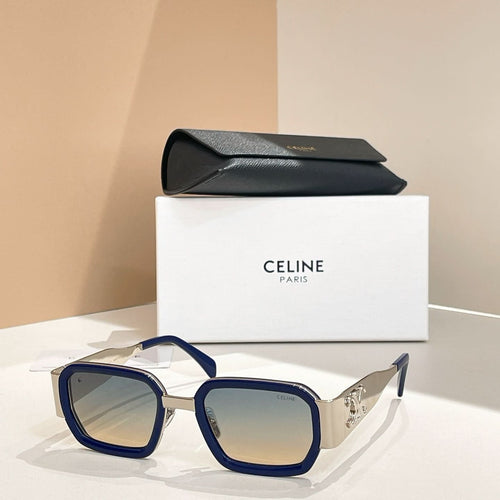 Celine square sunglasses with dark blue frames and tinted lenses.