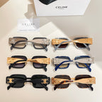 Celine sunglasses assortment with multiple square frames in blue, black, and gold.
