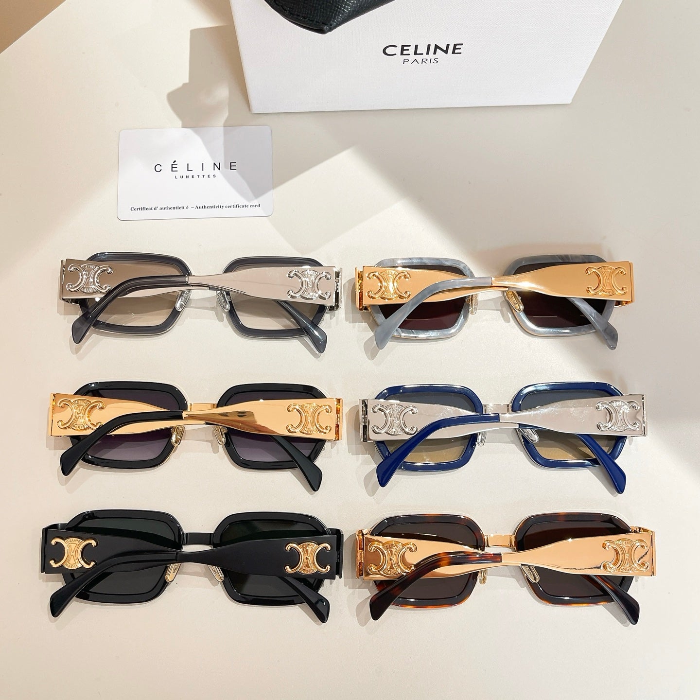 Celine sunglasses assortment with multiple square frames in blue, black, and gold.