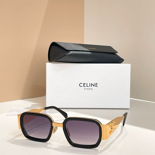 Celine square sunglasses with black frames, gold accents, and tinted lenses.