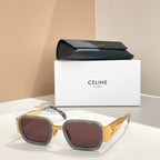 Celine square sunglasses with gold frames and brown tinted lenses.