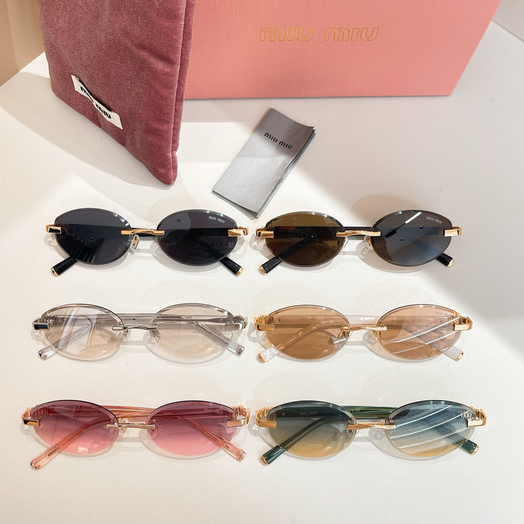 Assorted round sunglasses set with black, clear, maroon, and blue-green lenses, gold-tone frames