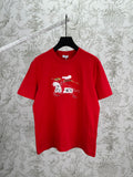 Red graphic T-shirt with crew neck and short sleeves, front print of cat and cloud