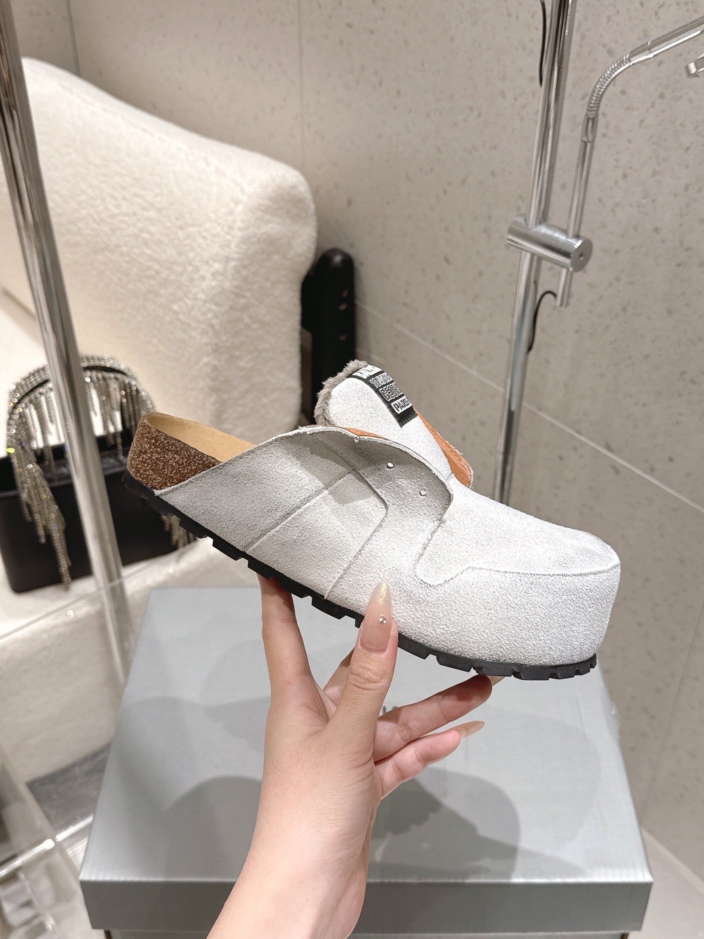 Balenciaga white mule sandals, textured black sole edge and tan footbed