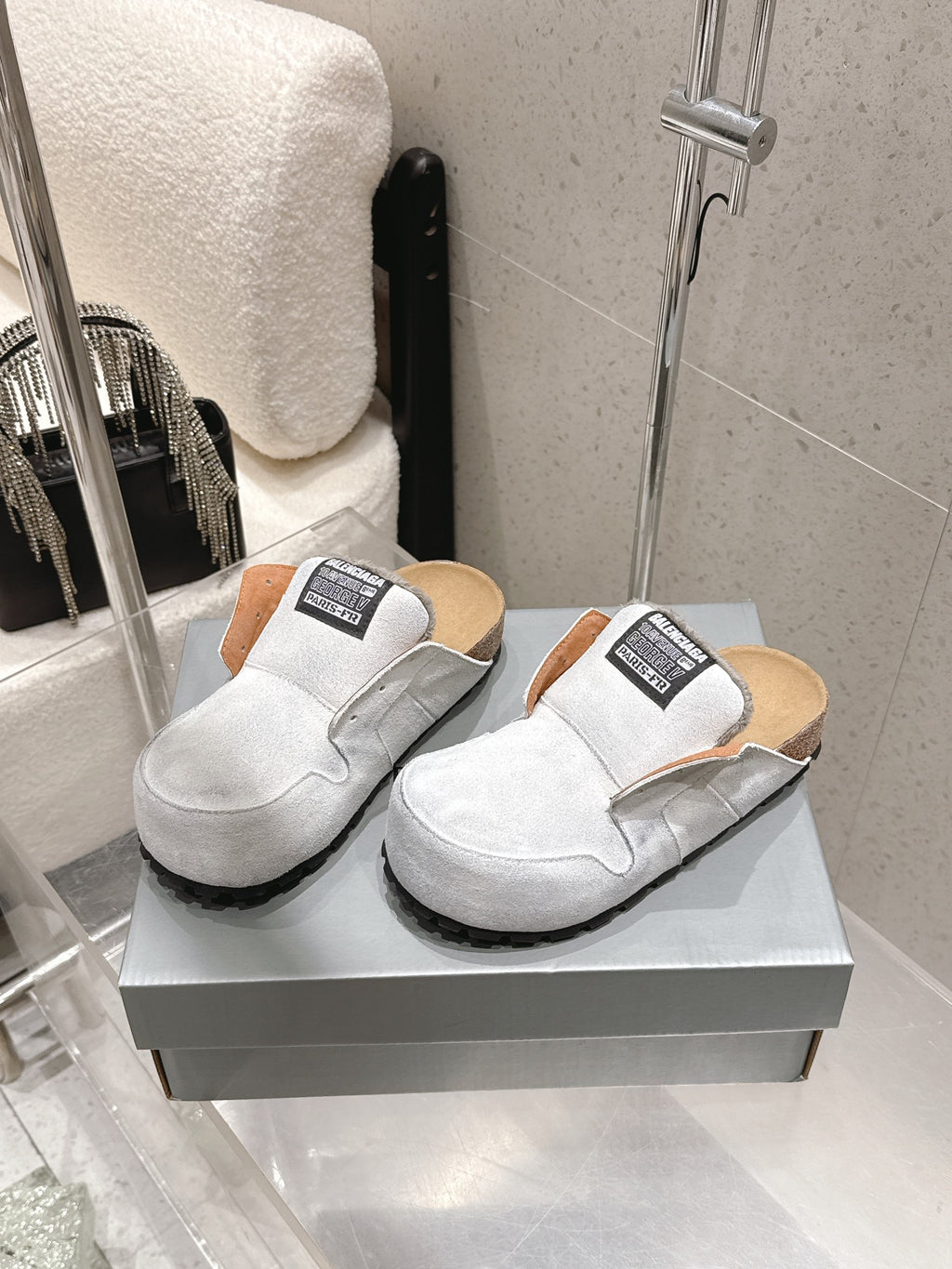 Balenciaga white slide sandals, tan lining, black rugged sole