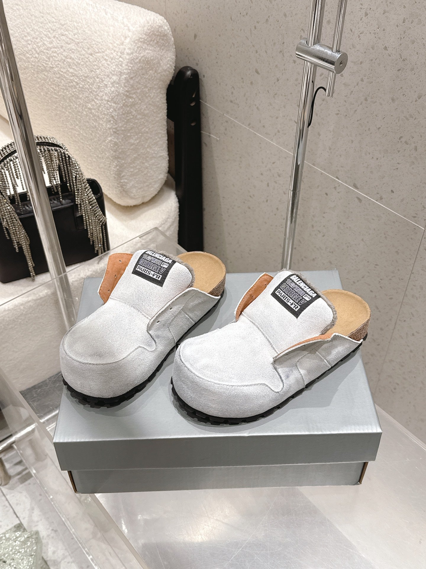 Balenciaga white slide sandals, tan lining, black rugged sole
